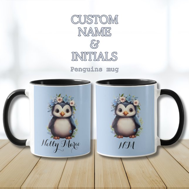Niedliche Pinguine Blue Individuelle Name & Initia Tasse (Blue mug with penguins, custom name & intitials. personalized. Multilingual Project)