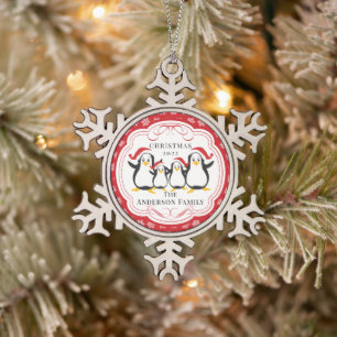 Niedliche Pinguine Familie von 4 Weihnachtsschmuck Schneeflocken Zinn-Ornament