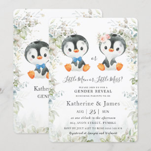 Niedliche Pinguine Grünpflanzen Gender Reveal Baby Einladung