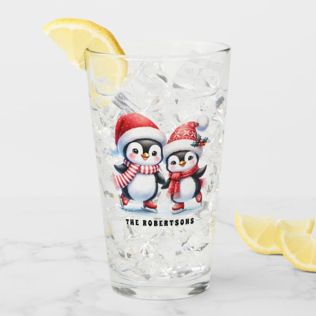 Niedliche Pinguine Ice Skaters Gewohnte Weihnachte Glas (Vorderseite Ice)
