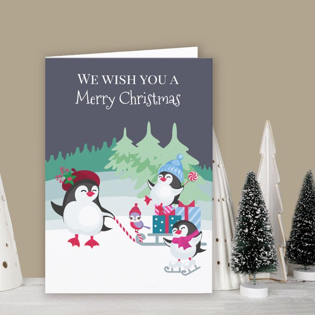 Niedliche Pinguine im Schneewald Frohe Weihnachten (Cute penguin Christmas Card. Buy professionally printed or as printable digital download.)