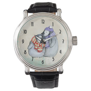 Niedliche Pinguine in Winterskarven und Hasen Armbanduhr