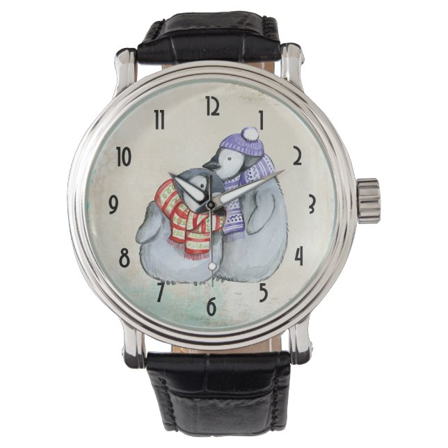 Niedliche Pinguine in Winterskarven und Hasen Armbanduhr (Vorderseite)