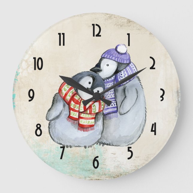 Niedliche Pinguine in Winterskarven und Hasen Große Wanduhr (Vorderseite)