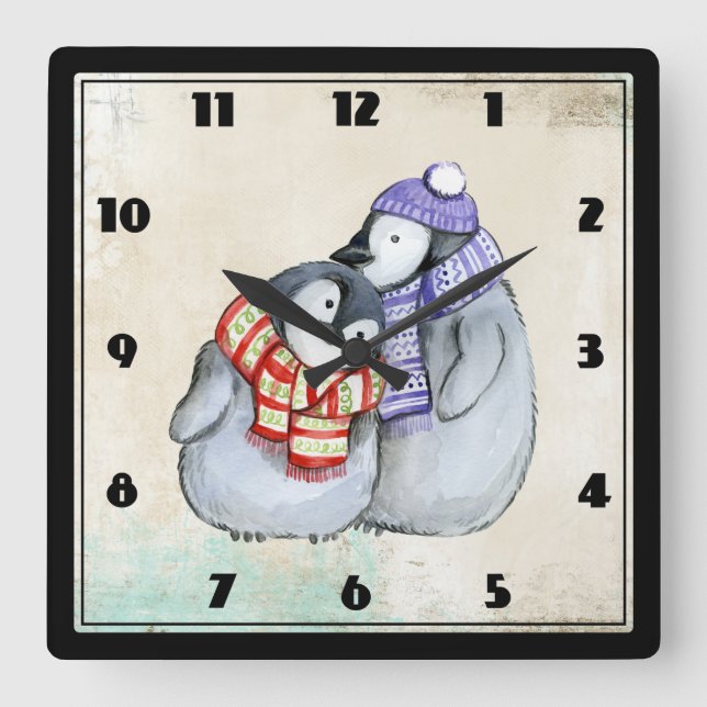 Niedliche Pinguine in Winterskarven und Hasen Quadratische Wanduhr (Vorderseite)