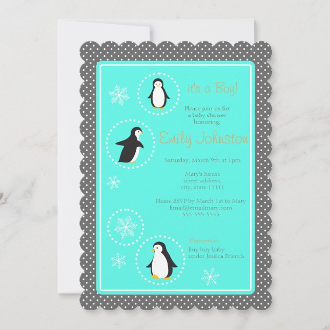 niedliche Pinguine Kinderdusche Einladung (Vorderseite)