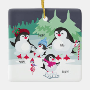 Niedliche Pinguine mit 4 Familiennamen Keramikornament
