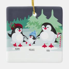 Niedliche Pinguine mit Familiennamen von 3 Jahren Keramikornament