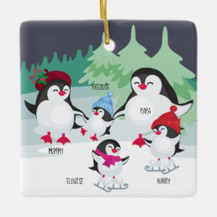 Niedliche Pinguine mit Familiennamen von 5 Jahren Keramikornament