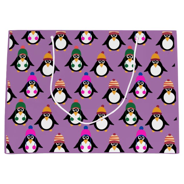 Niedliche Pinguine mit Winterhuttenmuster Große Geschenktüte (Vorderseite)