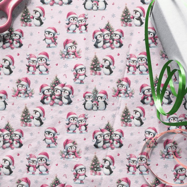 Niedliche Pinguine Muster Hübsch Pink Weihnachten Seidenpapier (Von Creator hochgeladen)