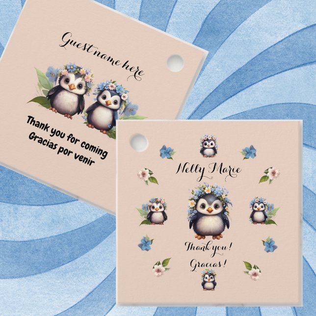 Niedliche Pinguine Name Bilinguale Textgracias Dan Geschenkanhänger (Cut penguins favor tag, Bilingual text Spanish and name, personalized, Multilingual Project)