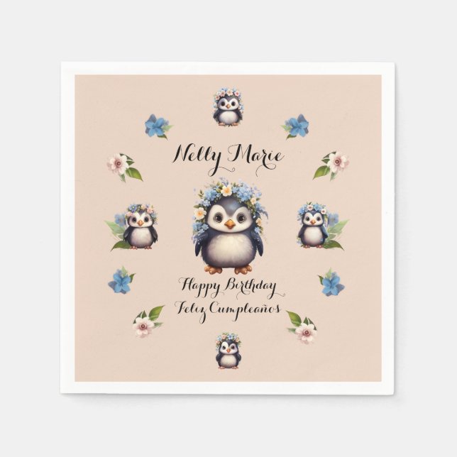 Niedliche Pinguine Name Bilingualer Text Feliz Cum Serviette (Vorderseite)