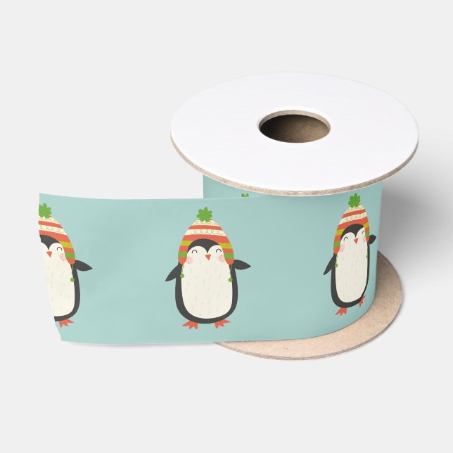 Niedliche Pinguine Pattern - Aqua Green Christmas Satinband (Spule)