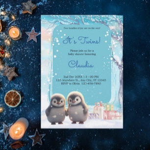 Niedliche Pinguine Twins Winter Blue Baby Dusche Einladung