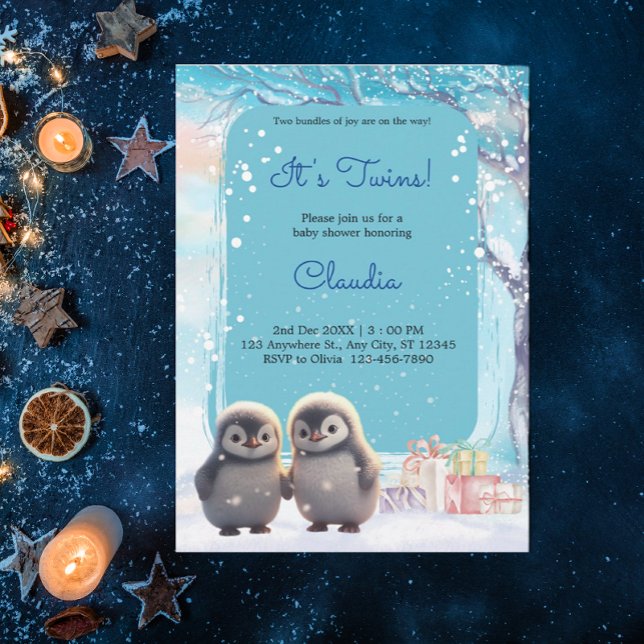 Niedliche Pinguine Twins Winter Blue Baby Dusche Einladung (Von Creator hochgeladen)