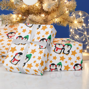 Niedliche Pinguine und gelbe Sterne weiß Nahtlos Geschenkpapier