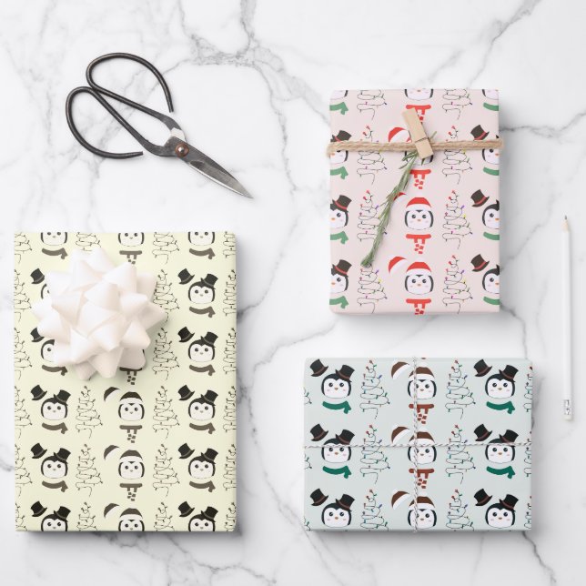 Niedliche Pinguine und moderne Weihnachtsbaumen We Geschenkpapier Set (Vorderseite)