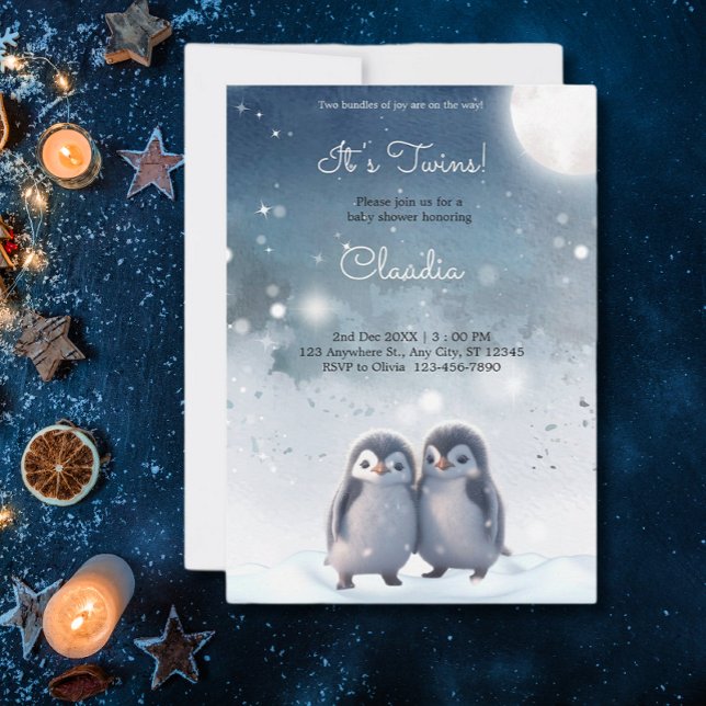 Niedliche Pinguine Winter Blue Snow Twins Baby Dus Einladung (Von Creator hochgeladen)