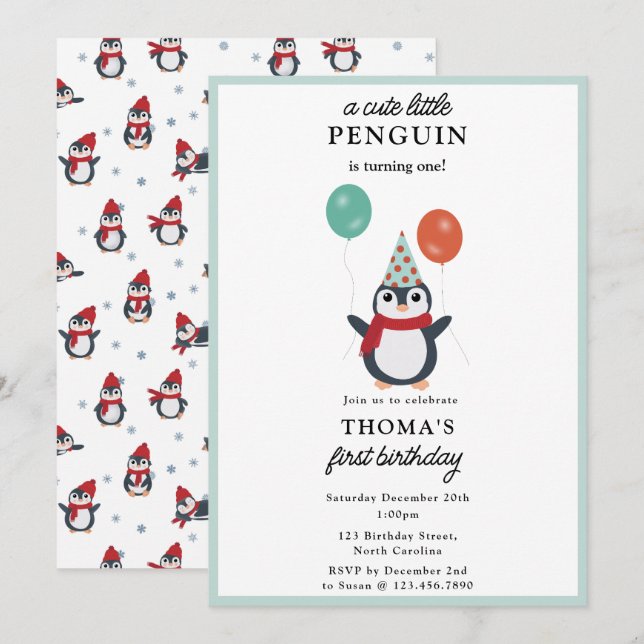 Niedliche Pinguine Winter Kids Boy Animals Geburts Einladung (Vorne/Hinten)