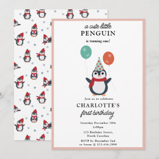 Niedliche Pinguine Winter Kids Girl Animals Geburt Einladung
