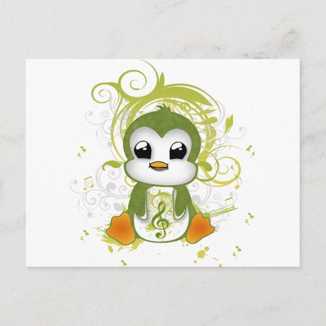 Niedliche Pinguingrün flauschige Wirkung Musiknote Postkarte (Vorderseite)