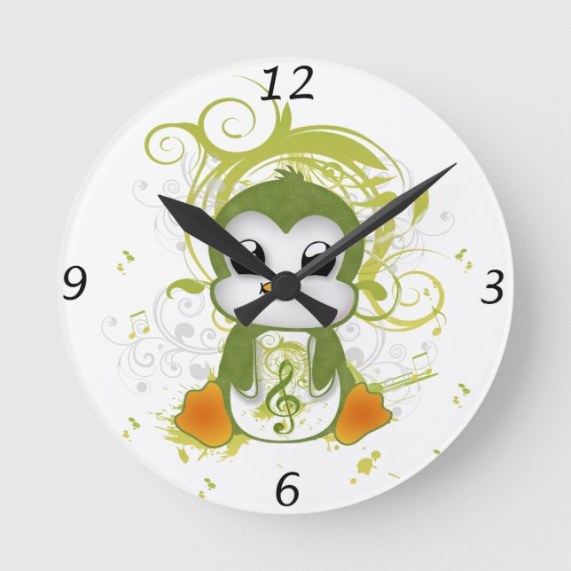 Niedliche Pinguingrün flauschige Wirkung Musiknote Runde Wanduhr (Vorderseite)