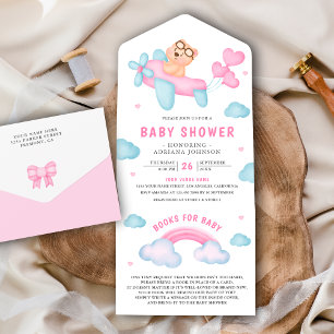 Niedliche Pink Airplane Girl Teddy Bear Babydusche All In One Einladung