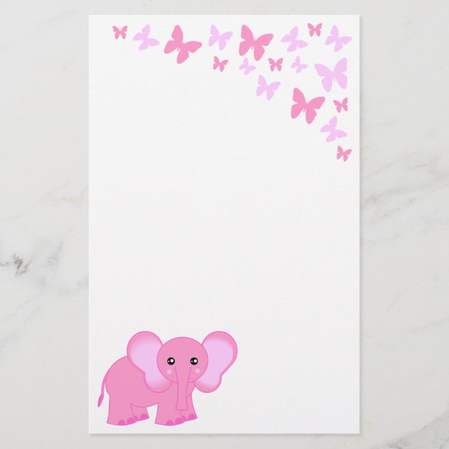 Niedliche Pink Baby Elephant and Butterfly Geschir Briefpapier (Vorderseite)