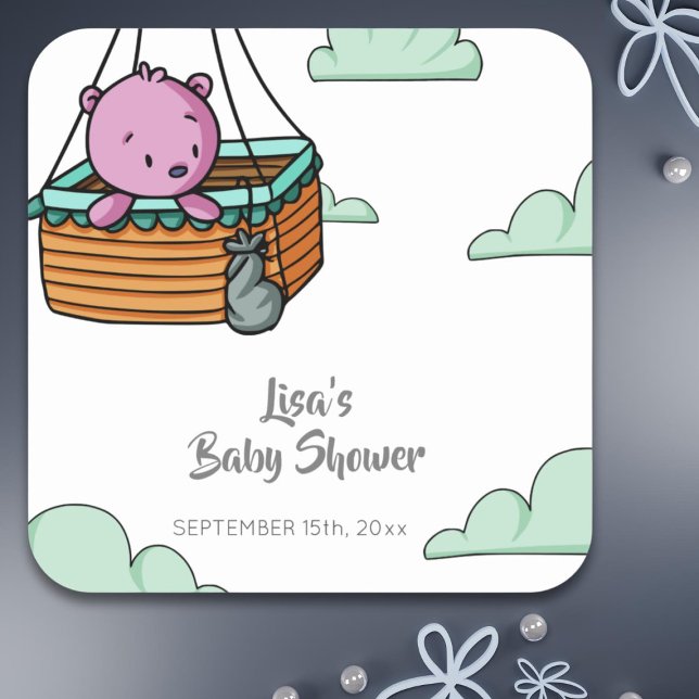 Niedliche Pink Bear Cub Babydusche Quadratischer Aufkleber (Von Creator hochgeladen)