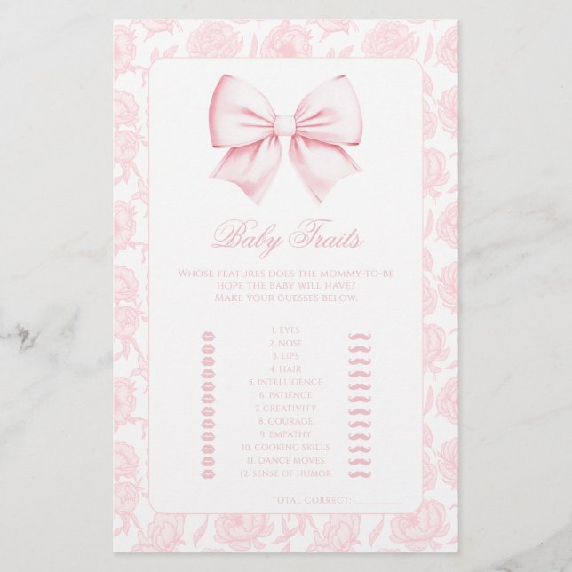 Niedliche Pink Bow Floral Baby Tracks Duschspiele (Vorderseite)