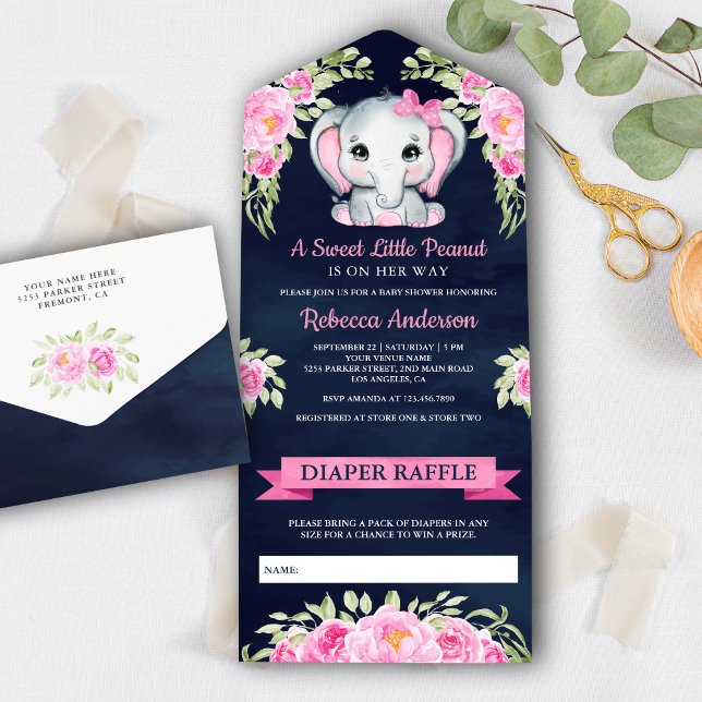 Niedliche Pink Bow Floral Elephant Navy Baby Dusch All In One Einladung (Von Creator hochgeladen)