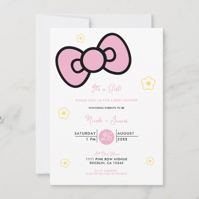 Niedliche Pink Bow Whimsical Baby Dusche Einladung (Vorderseite)