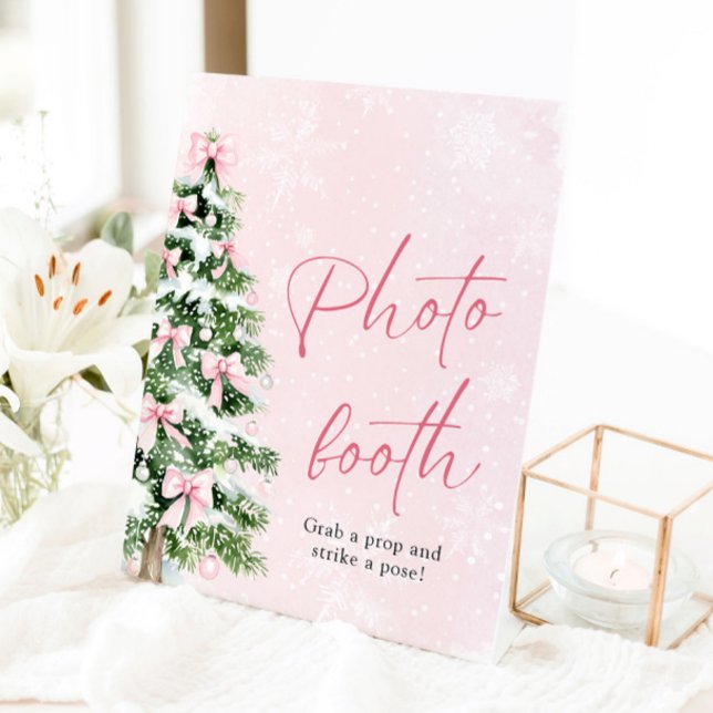 Niedliche Pink Bows Weihnachtsbaum-Foto-Standzeich Sockelschild (Cute Pink Bows Christmas Tree Photo Booth Sign)