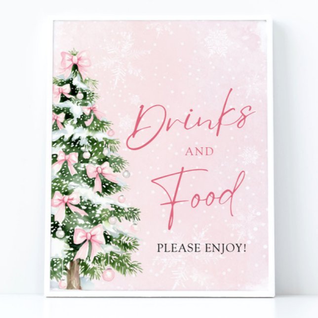 Niedliche Pink Bows Weihnachtsbaum Küche Poster (Cute Pink Bows Christmas Tree Food and Drinks Sign)