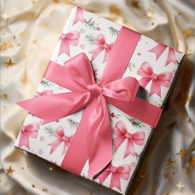 Niedliche Pink Bows & Winter Greenery Wasserfarbe Geschenkpapier (Von Creator hochgeladen)