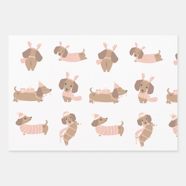 Niedliche Pink-Dackel Weihnachtswrapper Geschenkpapier Set (Vorderseite)