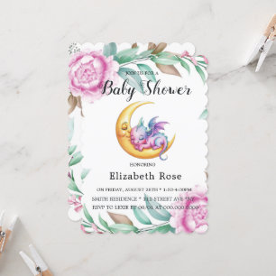 Niedliche Pink Dragon und Peony Girl Babydusche Einladung