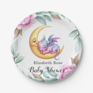 Niedliche Pink Dragon und Peony Girl Babydusche Pappteller