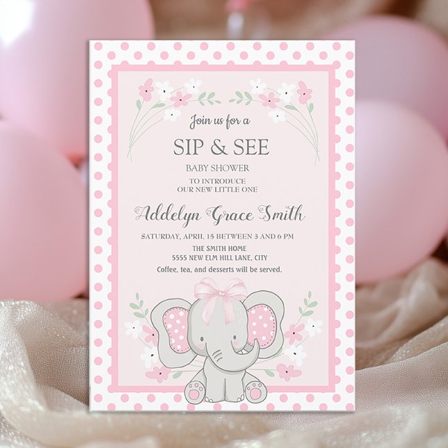 Niedliche Pink Elephant Polka Dots Blume Sip See B Einladung (Cute pink elephant baby girl baby shower invitation)