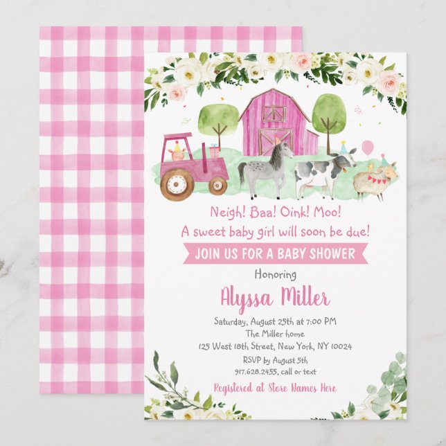 Niedliche Pink Farm Babydusche Einladung (Vorne/Hinten)