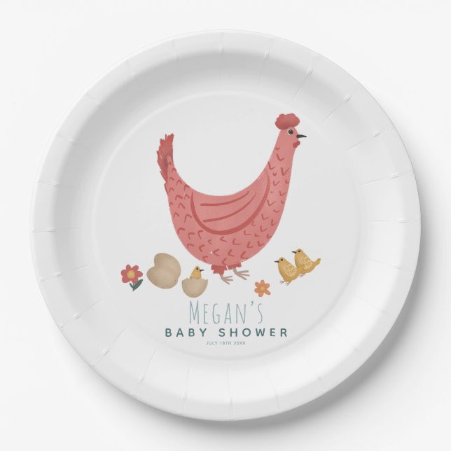 Niedliche Pink Farm Chicken Girls Babydusche Pappteller (Vorderseite)