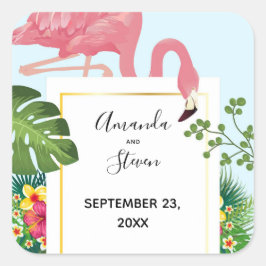Niedliche Pink Flamingo Tropical Theme Hochzeit Quadratischer Aufkleber