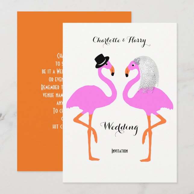 Niedliche Pink Flamingos Bride & Groom Wedding Einladung (Vorne/Hinten)