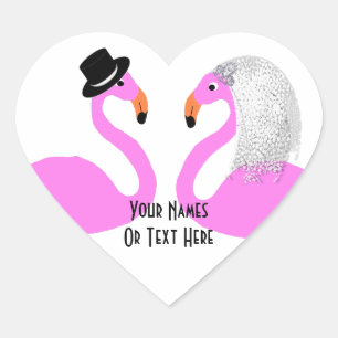 Niedliche Pink Flamingos Bride & Groom Wedding Herz-Aufkleber