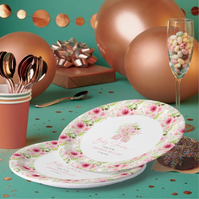 Niedliche Pink Floral Alphabet Blöcke Pappteller (Multi)
