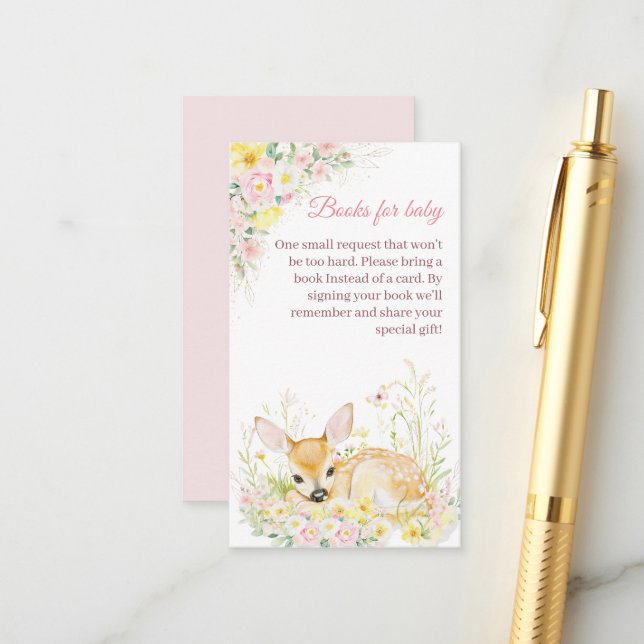 Niedliche Pink Floral Hirschduschenbücher für Baby Begleitkarte (Vorderseite/Rückseite Beispiel)