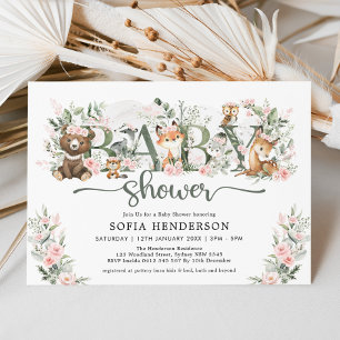 Niedliche Pink Floral Woodland Tiere Mädchen Kinde Einladung