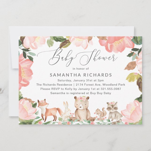 Niedliche Pink Floral Woodland Tiere Mädchen Kinde Einladung (Vorderseite)