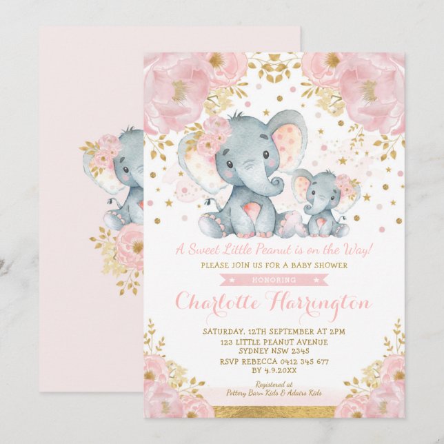 Niedliche Pink & Gold Elephant Girl Baby Dusche Einladung (Vorne/Hinten)